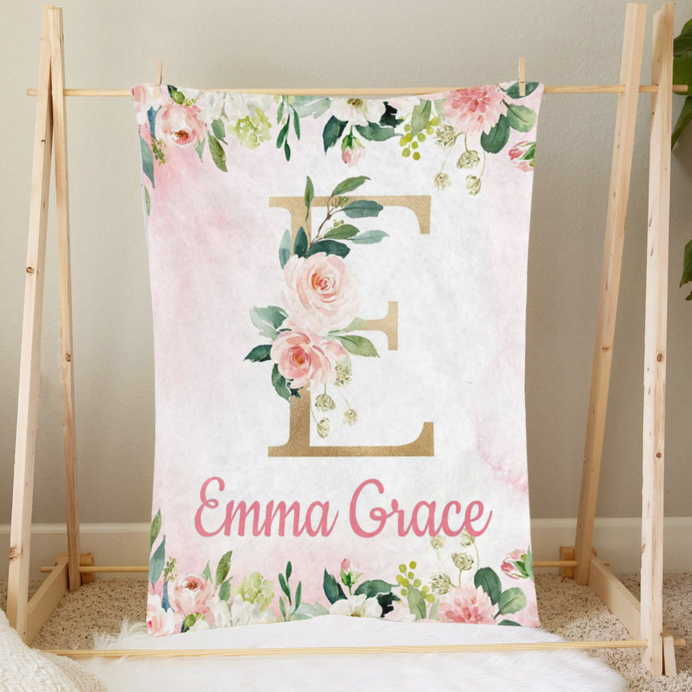 Custom Name Flower Baby Girl Blanket