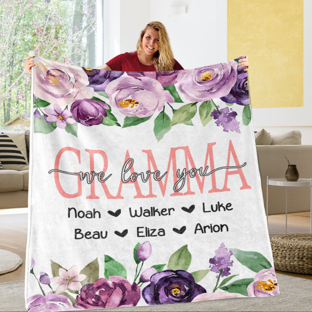 Personalized Purple Floral Cozy Plush Fleece Blankets with Your Nick & Kids' Names