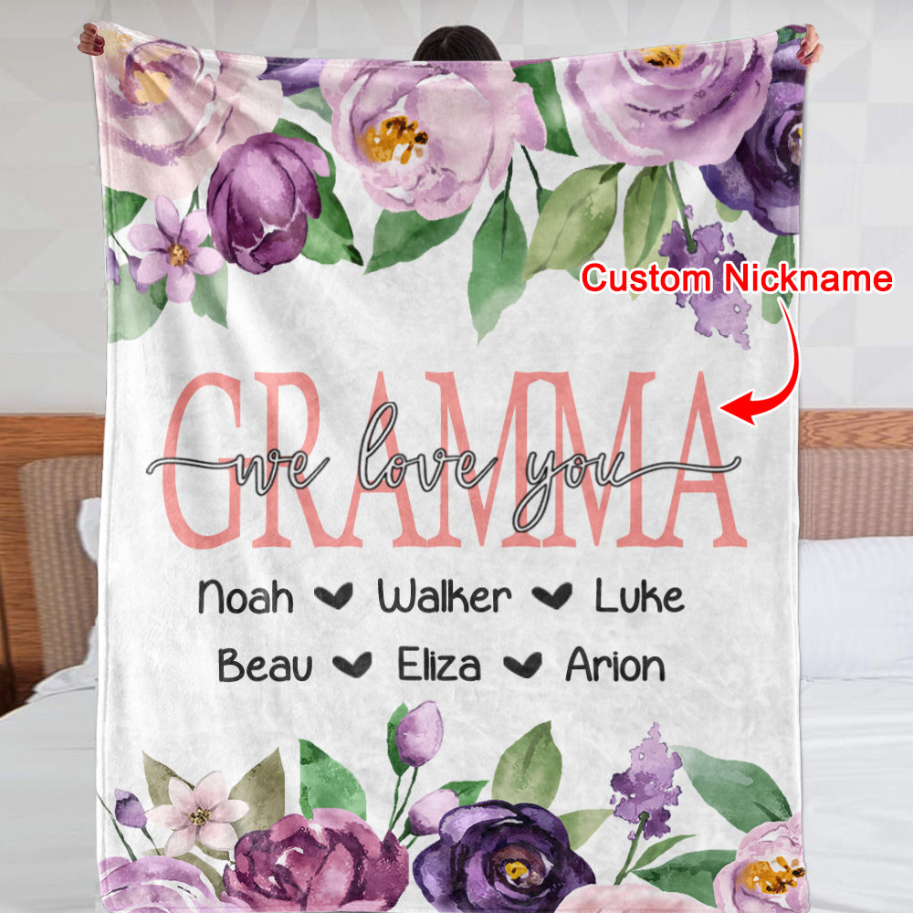 Personalized Purple Floral Cozy Plush Fleece Blankets with Your Nick & Kids' Names