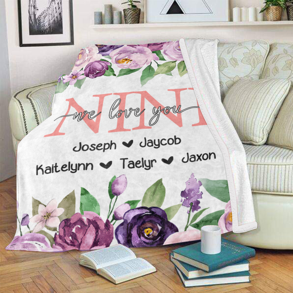 Personalized Purple Floral Cozy Plush Fleece Blankets with Your Nick & Kids' Names