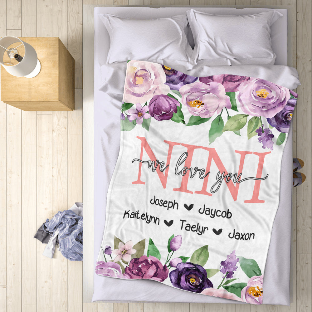 Personalized Purple Floral Cozy Plush Fleece Blankets with Your Nick & Kids' Names