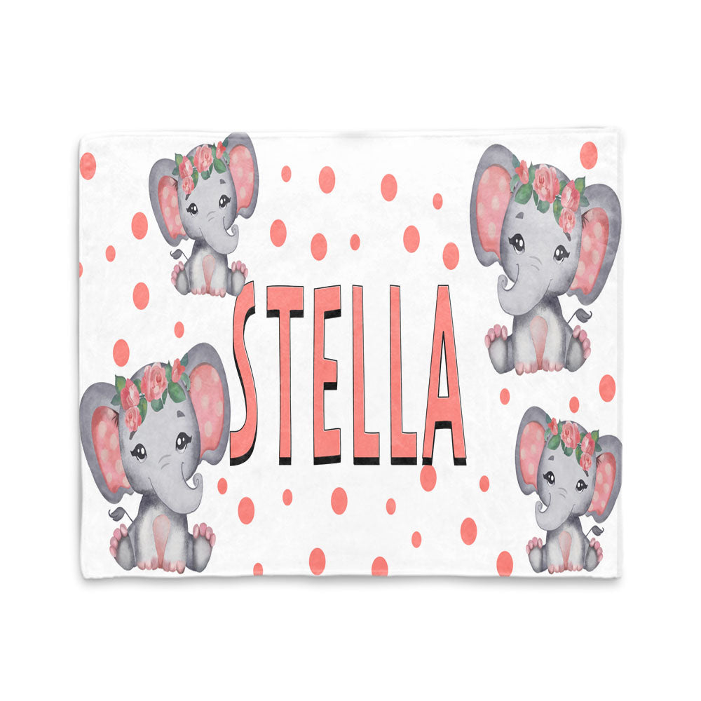 Personalized Kids Girl Elephant Fleece Blanket, Custom Kids Name Fleece Blanket