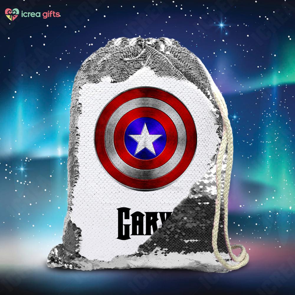 Personalized Captain America's Shield Drawstring Sequin Backpack