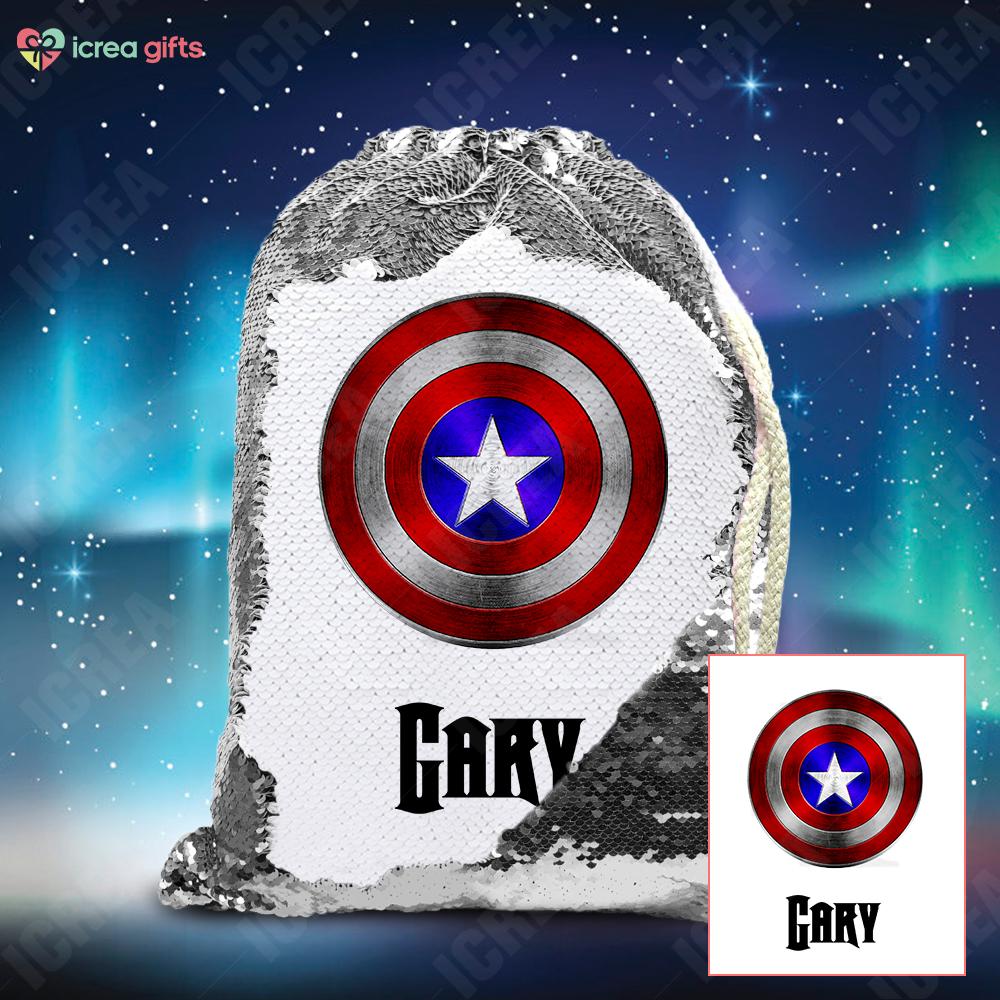 Personalized Captain America's Shield Drawstring Sequin Backpack