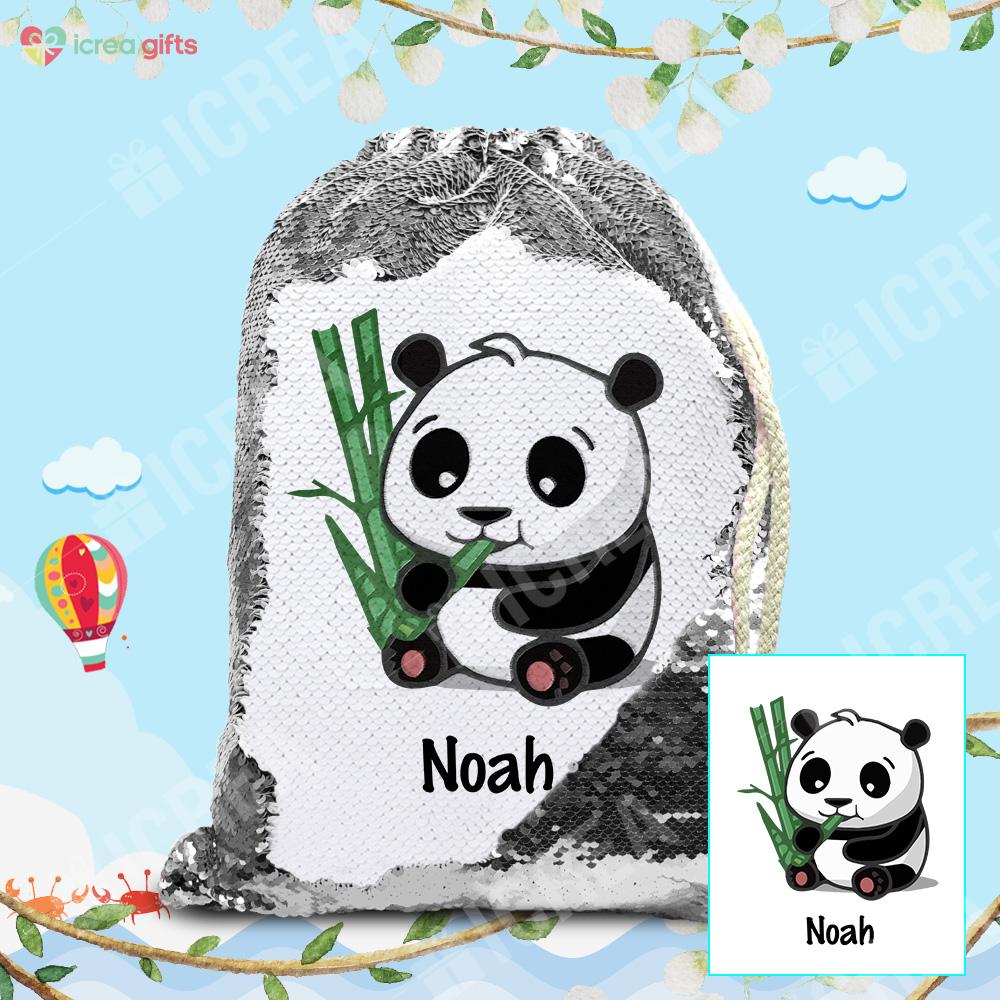 Personalized Giant Panda With Bamboo Drawstring Sequin Backpack