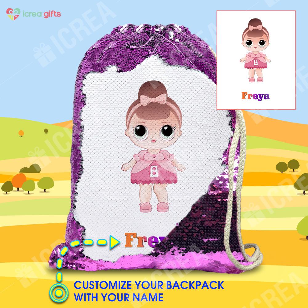 Personalized Pretty Doll Drawstring Sequin Backpack