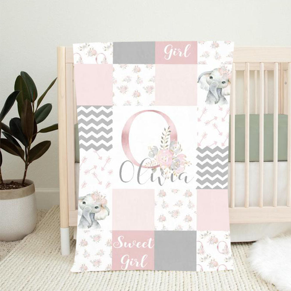 Personalized Baby Girl Elephant Blanket, Custom Initial & Name Pink Floral Nursery Blanket -BUY 2 SAVE 10%