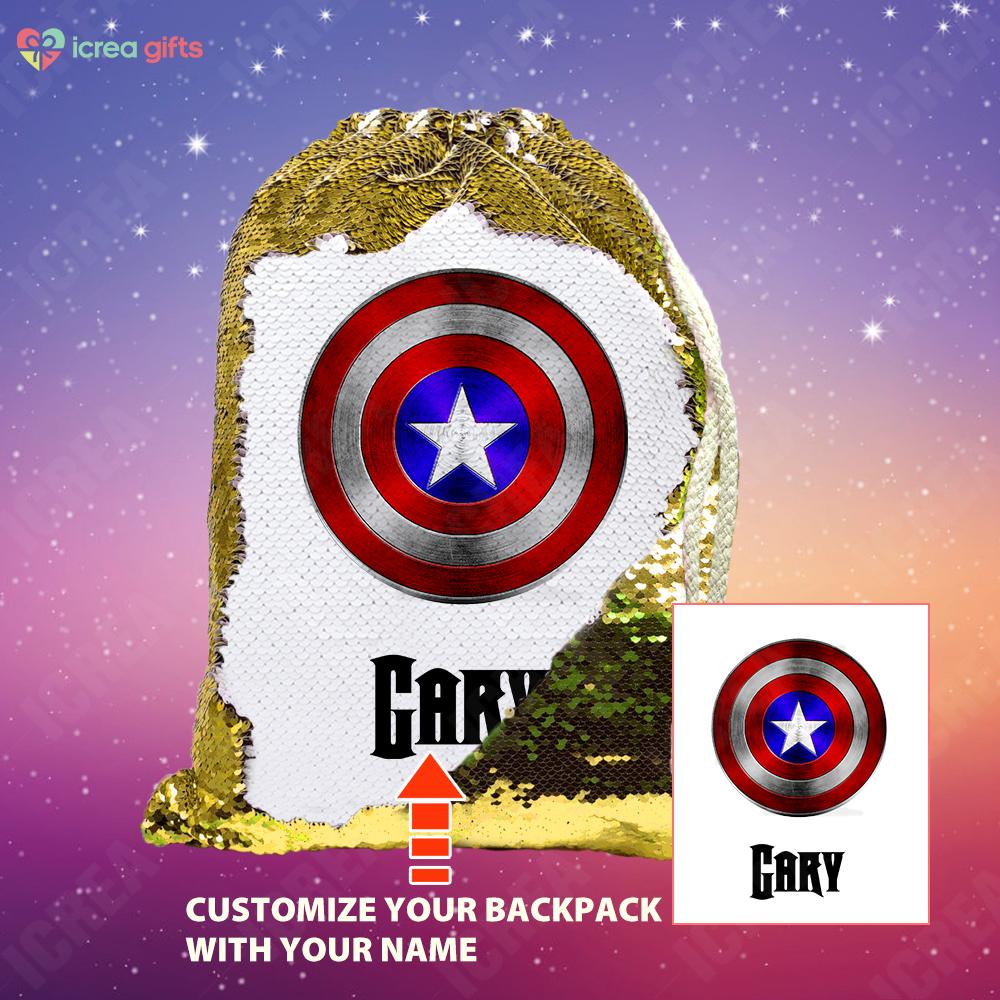 Personalized Captain America's Shield Drawstring Sequin Backpack
