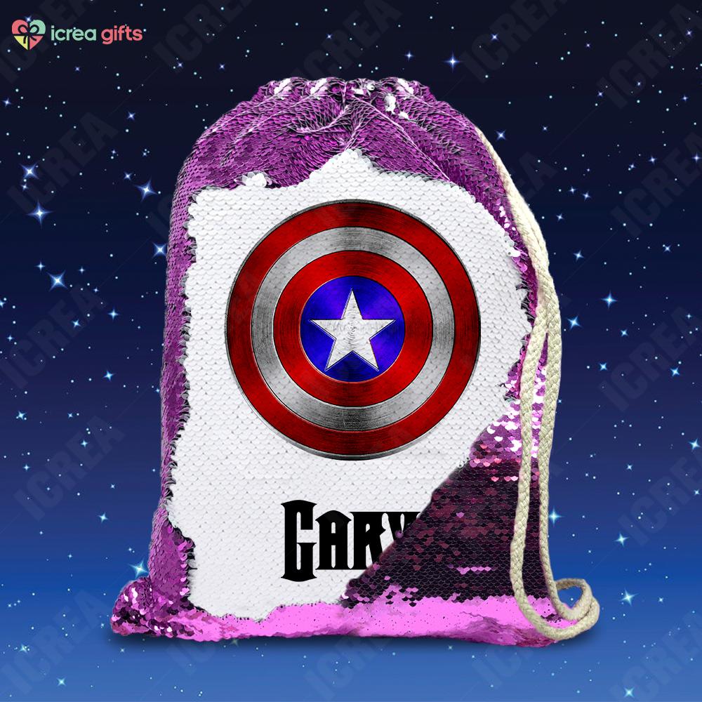Personalized Captain America's Shield Drawstring Sequin Backpack