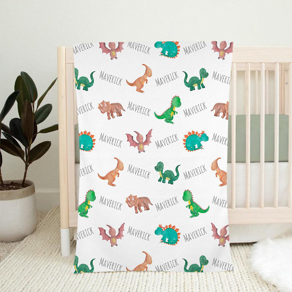 Personalized Dinosaur Watercolor Print Baby Name Blanket-BUY 2 SAVE 10%