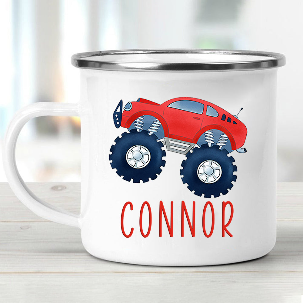 Custom Name Monster Truck Children's Enamel Campfire Mug I