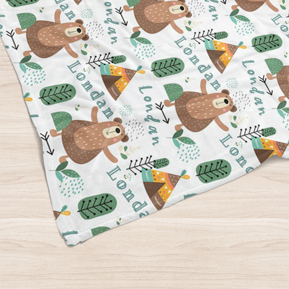 Custom Name Bear  Baby Boy Blanket