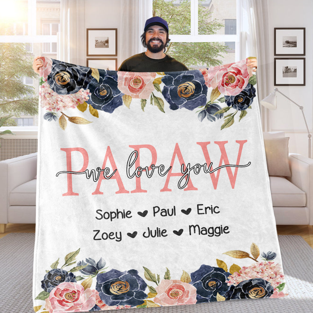 Custom Navy & Pink  Floral Cozy Plush Fleece Blankets with Your Nick & Kids' Names