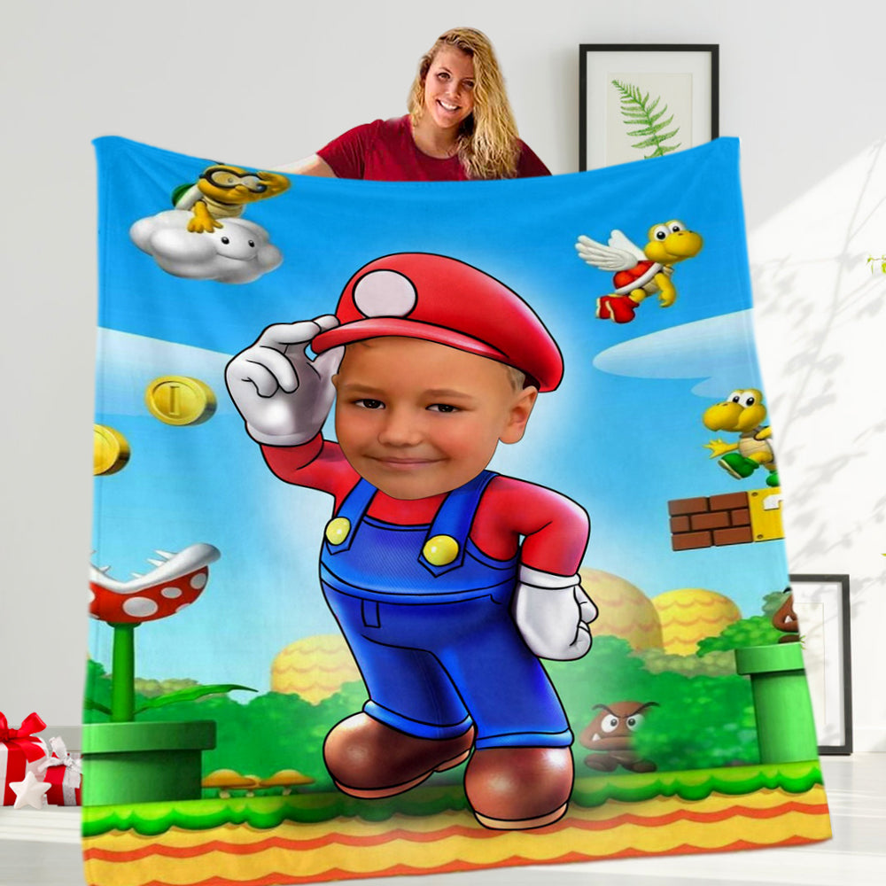 Personalized Hand-Drawing Kid's Photo Portrait Fleece Blanket Mario