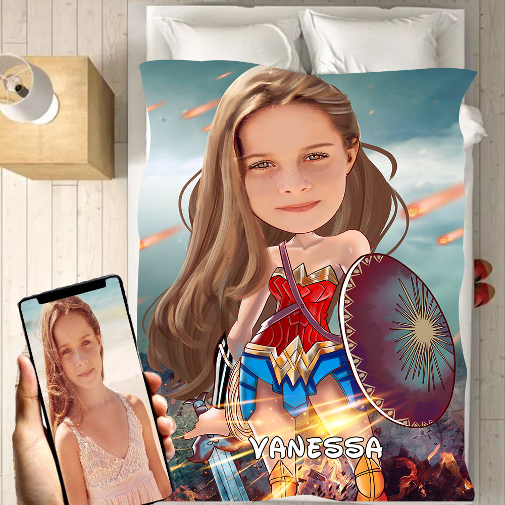 Personalized Hand-Drawing Kid's Photo Portrait Fleece Blanket X