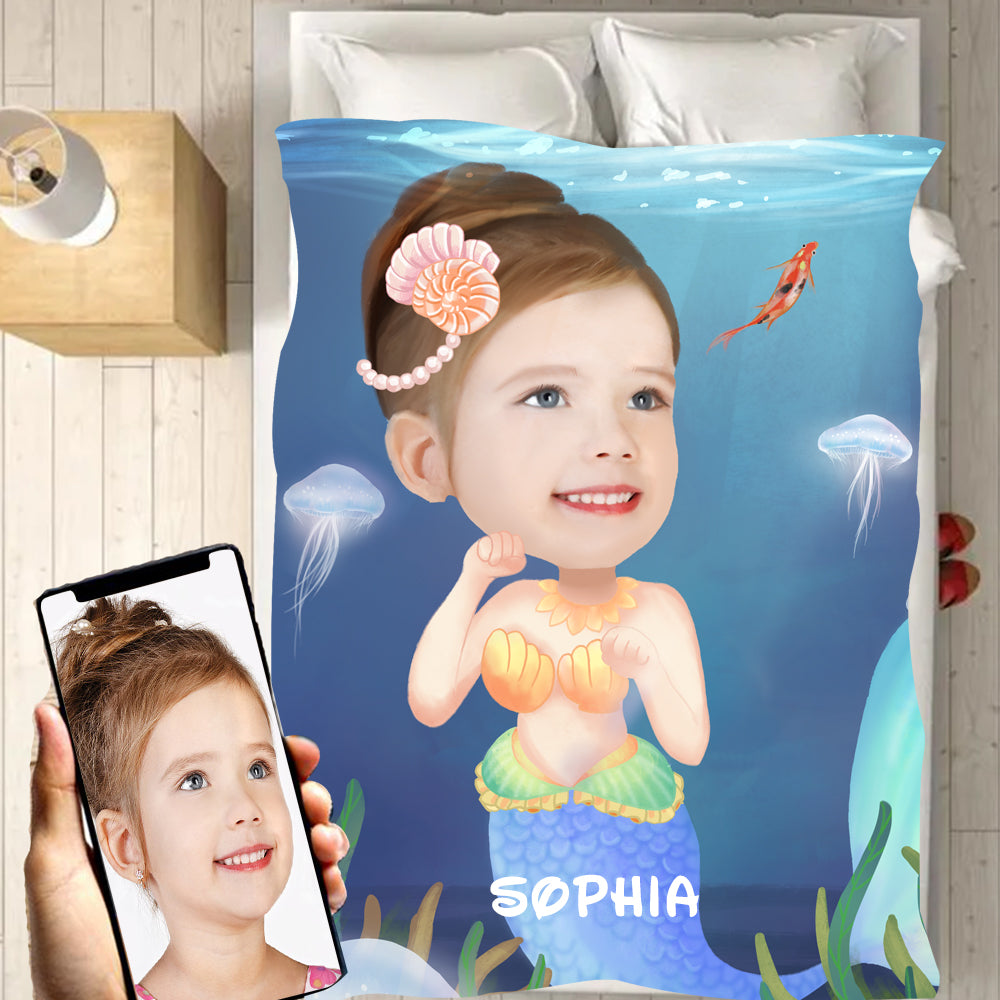 Personalized Mermaid Hand-Drawing Kid's Photo Portrait Fleece Blanket I