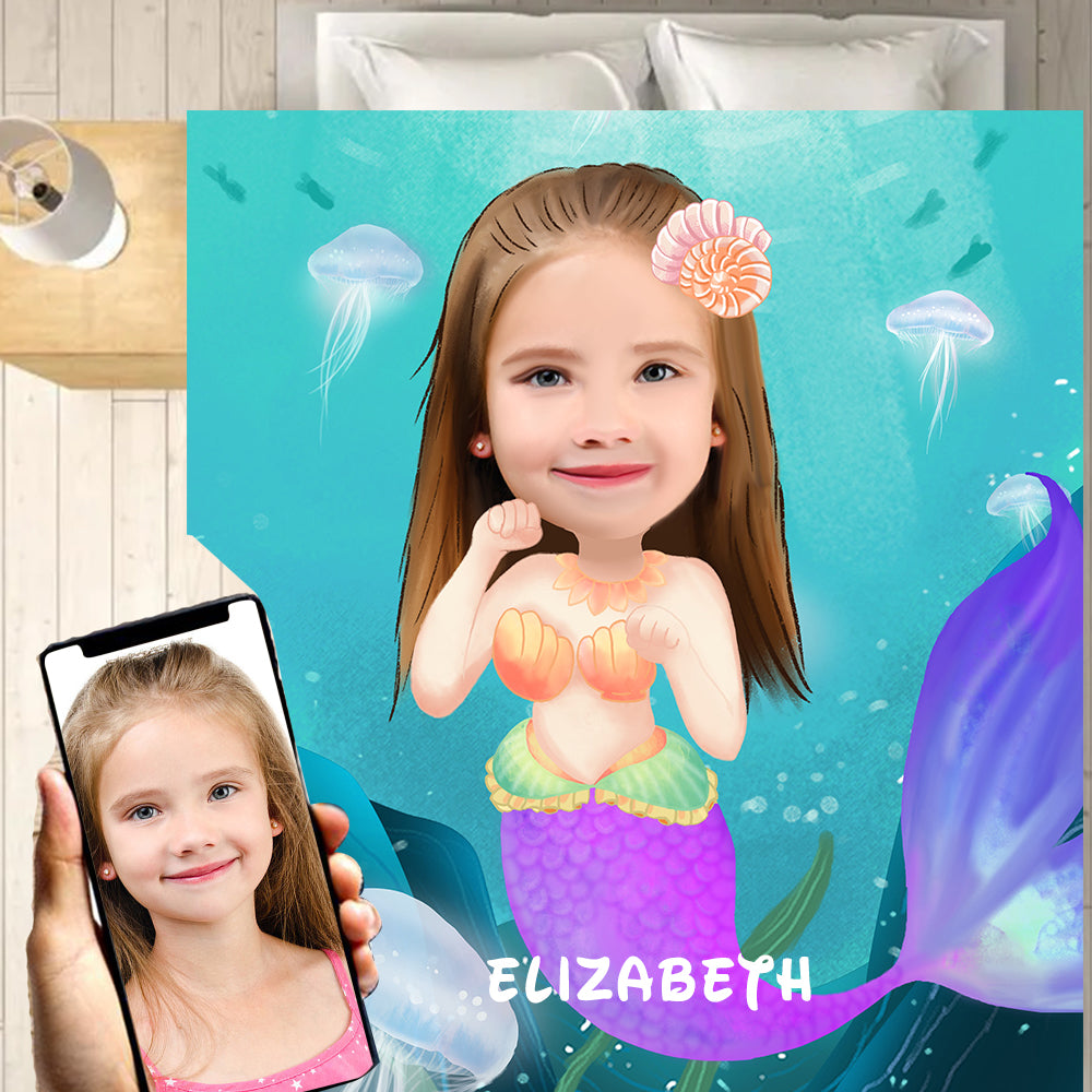 Personalized Mermaid Hand-Drawing Kid's Photo Portrait Fleece Blanket II