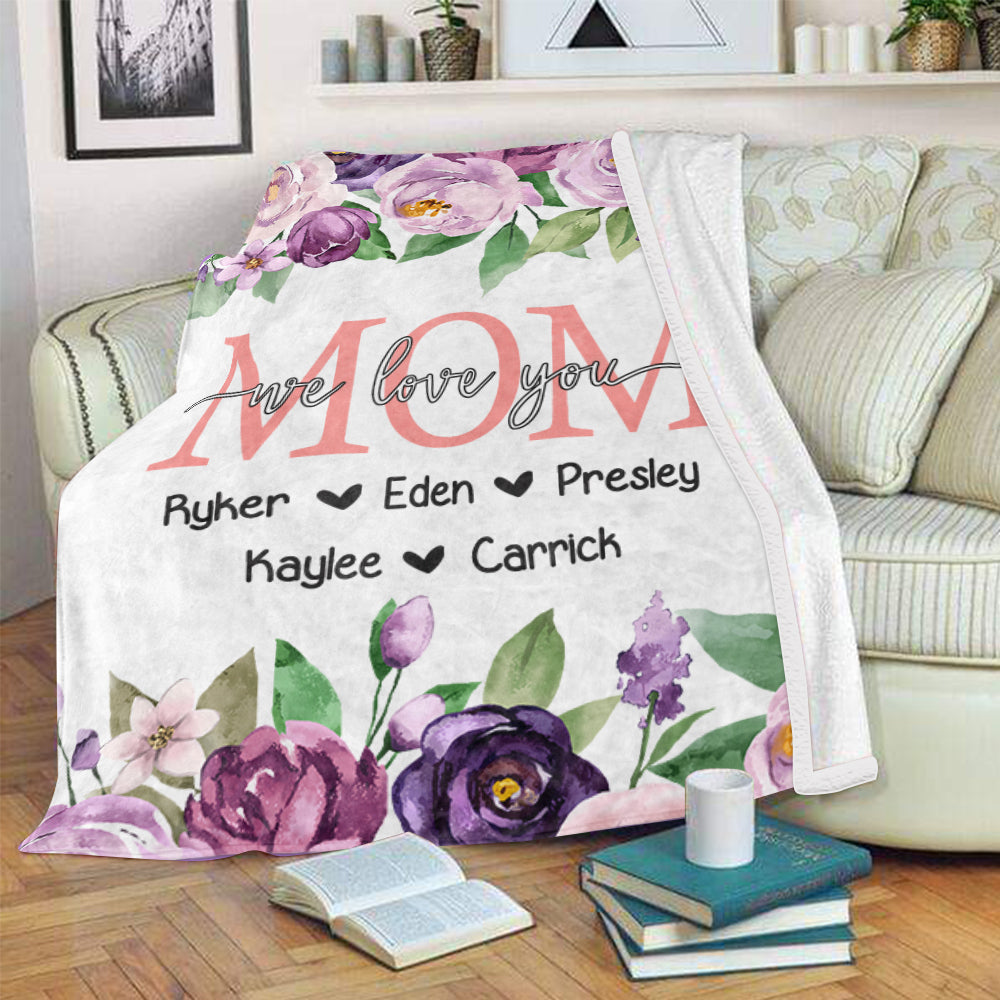 Personalized Purple Floral Cozy Plush Fleece Blankets with Your Nick & Kids' Names