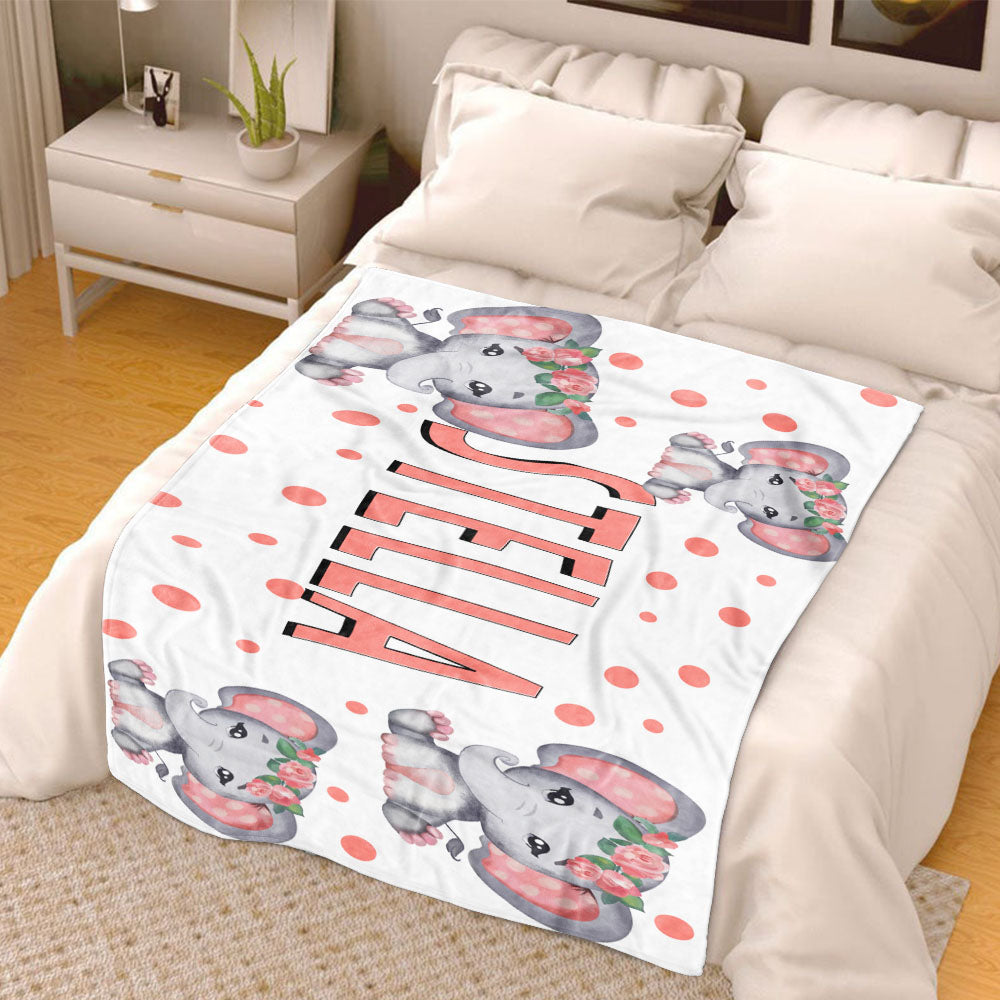 Personalized Kids Girl Elephant Fleece Blanket, Custom Kids Name Fleece Blanket