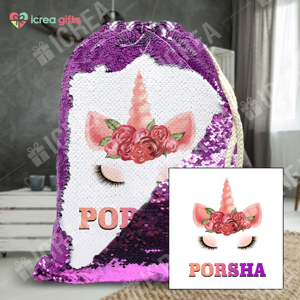 Personalized Floral Unicorn Drawstring Sequin Backpack