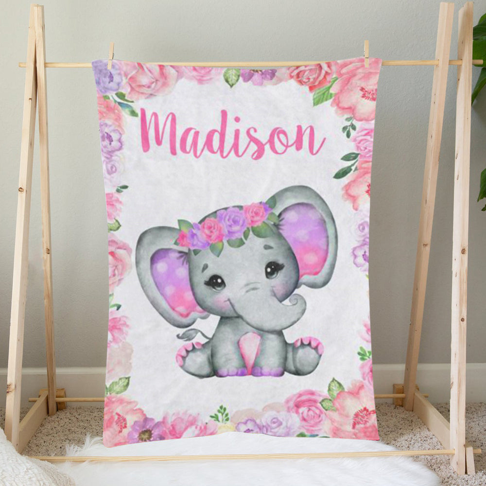 Custom Name Elephant Baby Girl Blanket