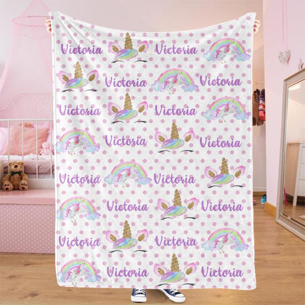 Personalized Name Unicorn Cozy Plush Fleece Blankets