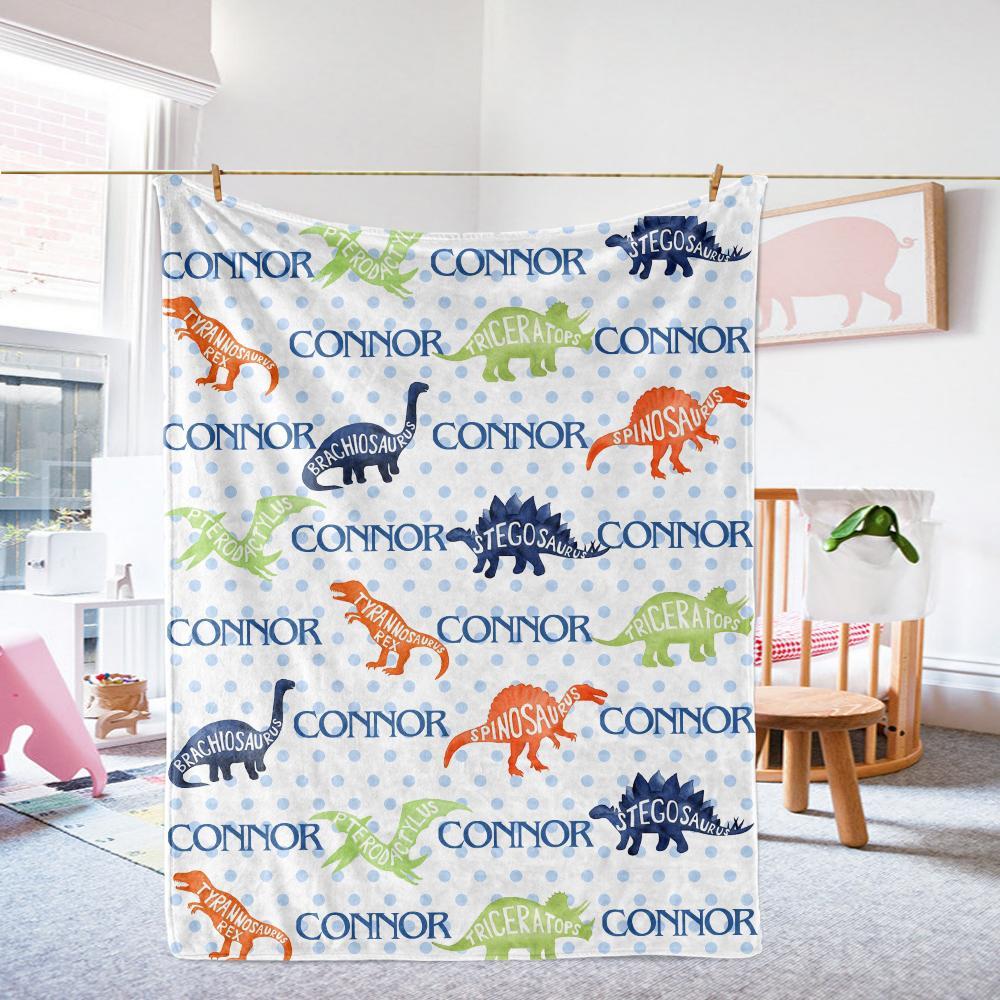 Personalized Name Dinosaur Cozy Plush Fleece Blankets