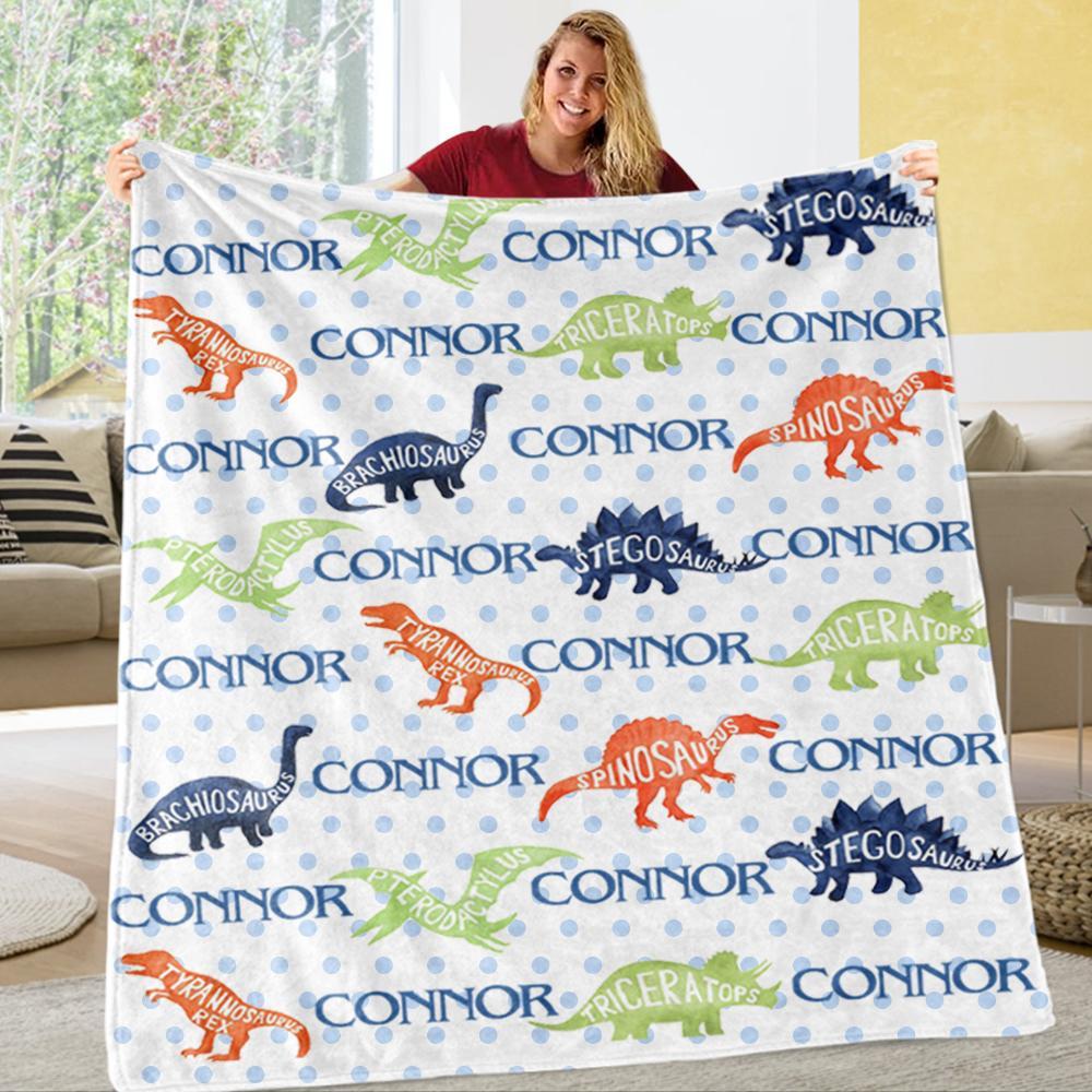 Personalized Name Dinosaur Cozy Plush Fleece Blankets