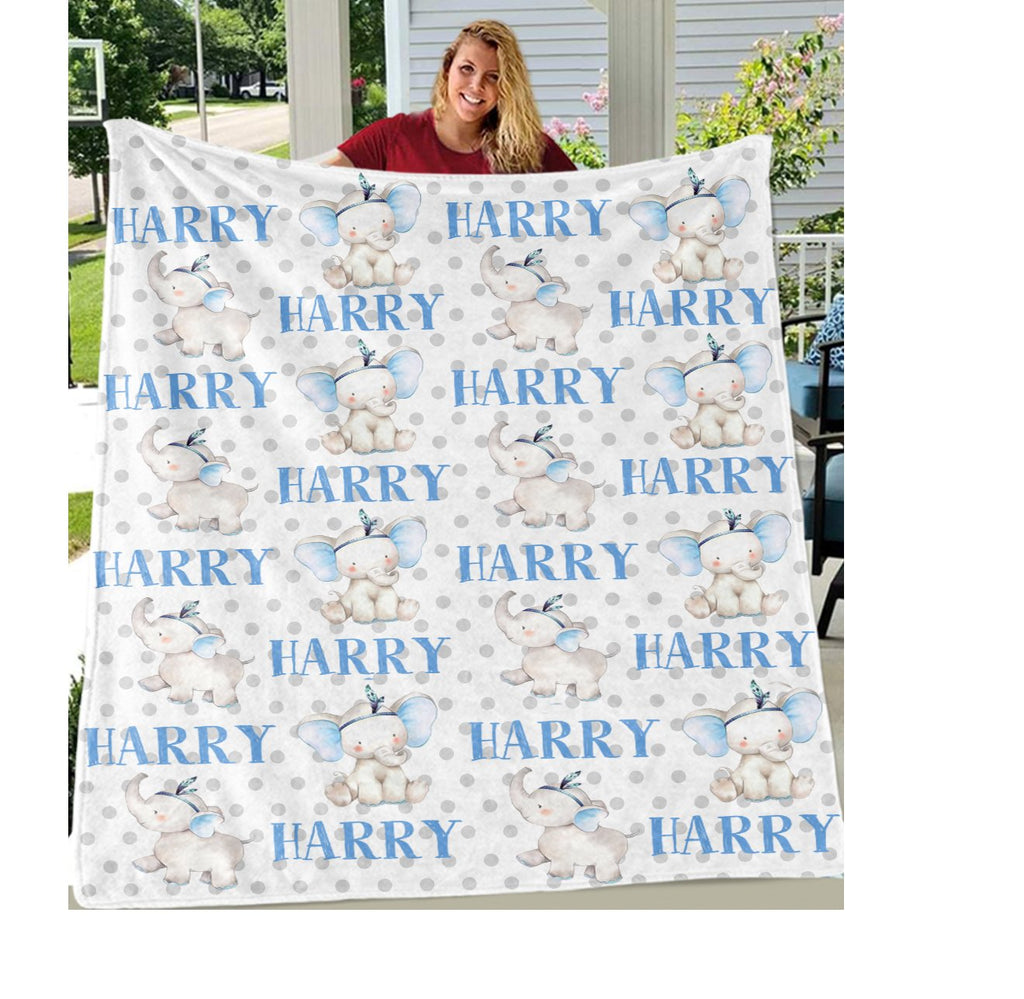 Personalized Name Blue Elephant Fleece Blankets