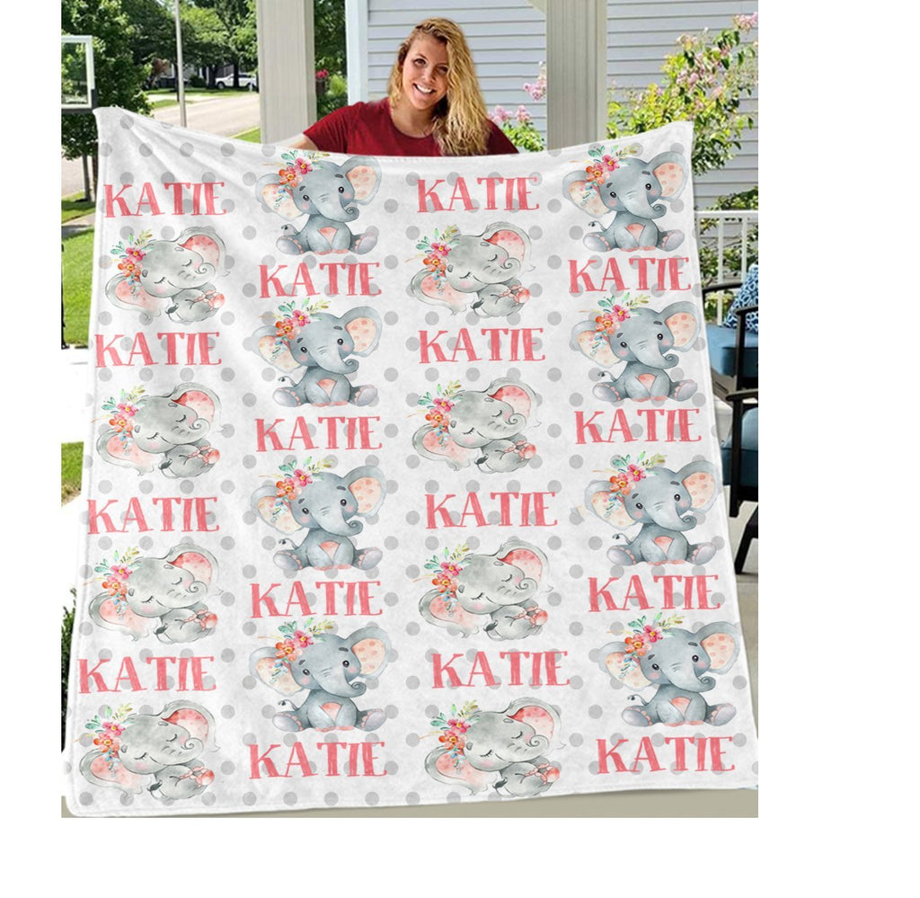 Personalized Name Pink Floral Elephant Fleece Blankets