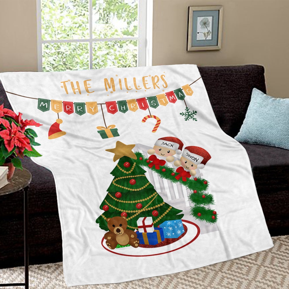 Personalized Christmas Tree and Hat Family Member's Name Fleece Blanket II