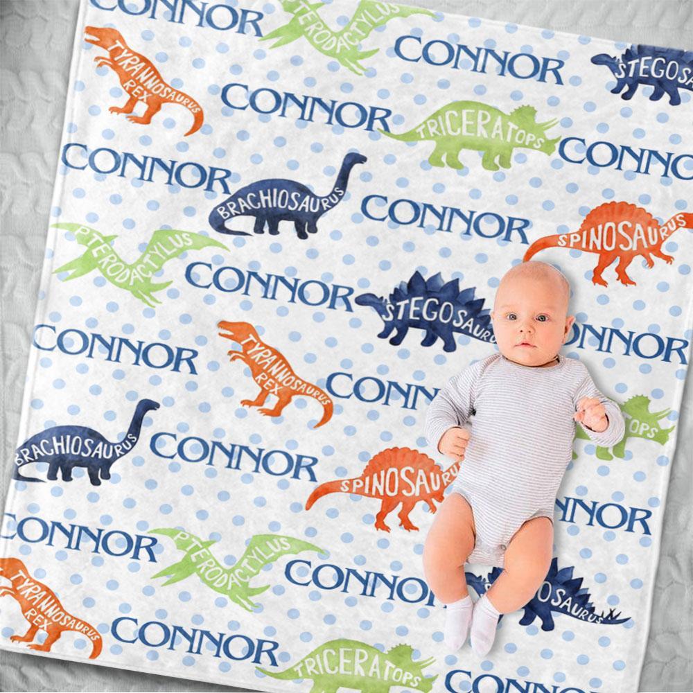 Personalized Name Dinosaur Cozy Plush Fleece Blankets