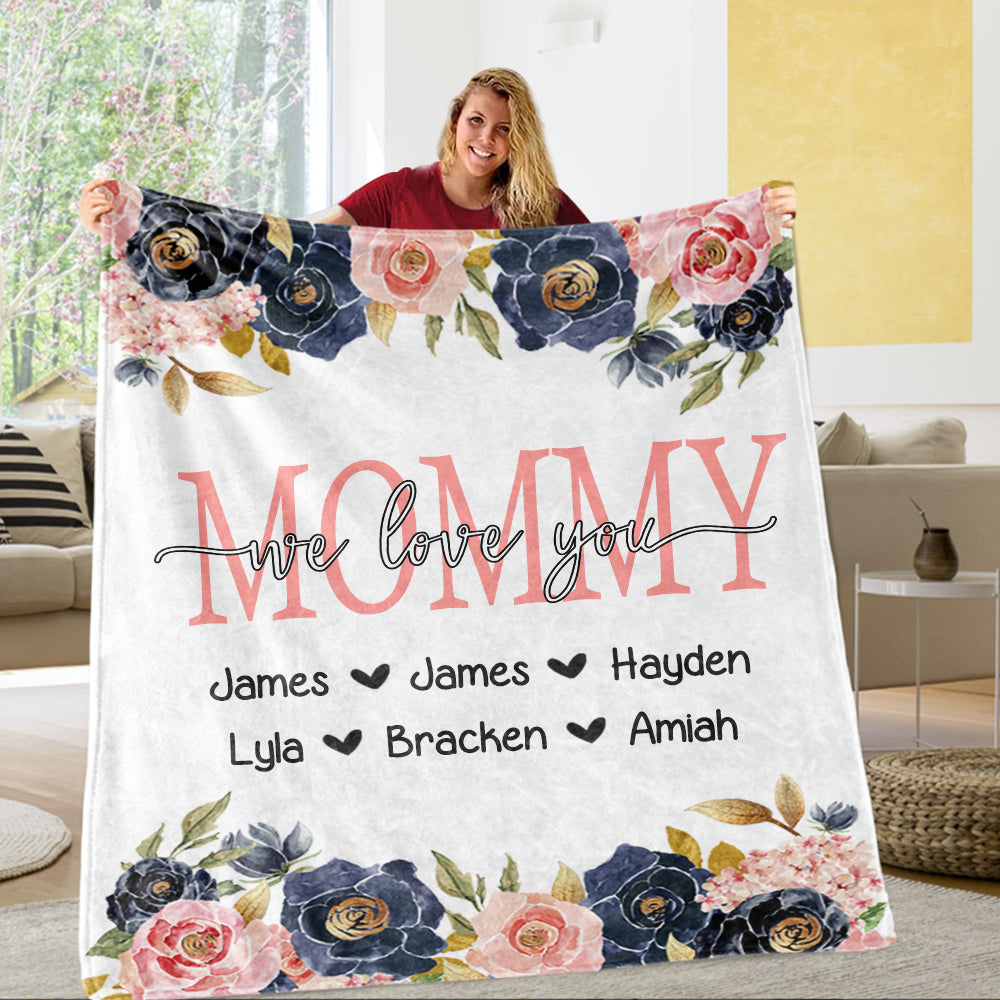 Custom Navy & Pink  Floral Cozy Plush Fleece Blankets with Your Nick & Kids' Names
