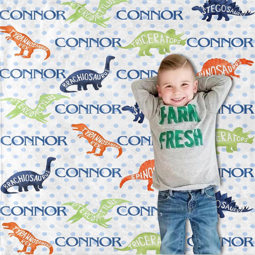 Personalized Name Dinosaur Cozy Plush Fleece Blankets