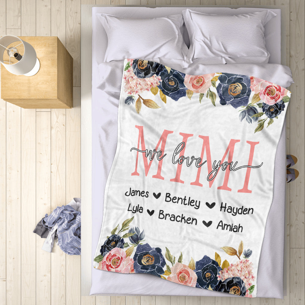Custom Navy & Pink  Floral Cozy Plush Fleece Blankets with Your Nick & Kids' Names