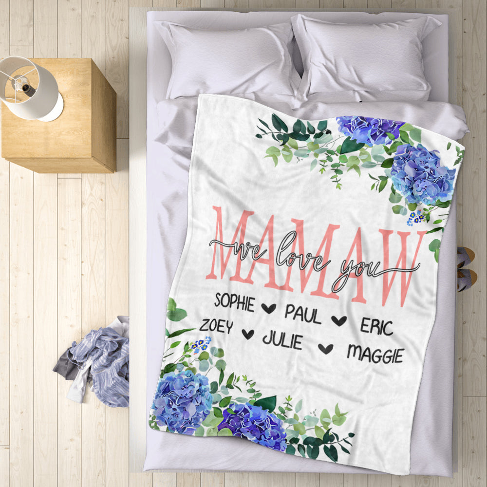 Custom Blue Floral Cozy Plush Fleece Blankets with Your Nick & Kids' Names