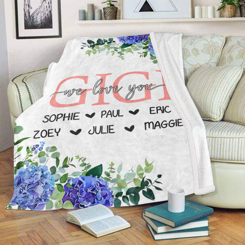 Custom Blue Floral Cozy Plush Fleece Blankets with Your Nick & Kids' Names