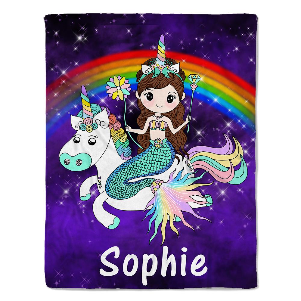 Custom Mermaid & Rainbow Unicorn Cozy Plush Fleece Blanket Purple