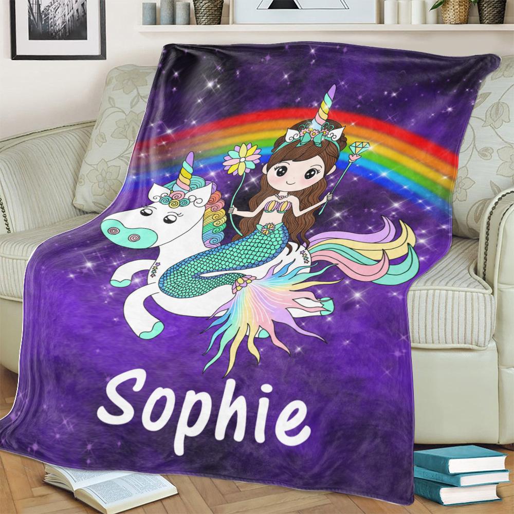 Custom Mermaid & Rainbow Unicorn Cozy Plush Fleece Blanket Purple
