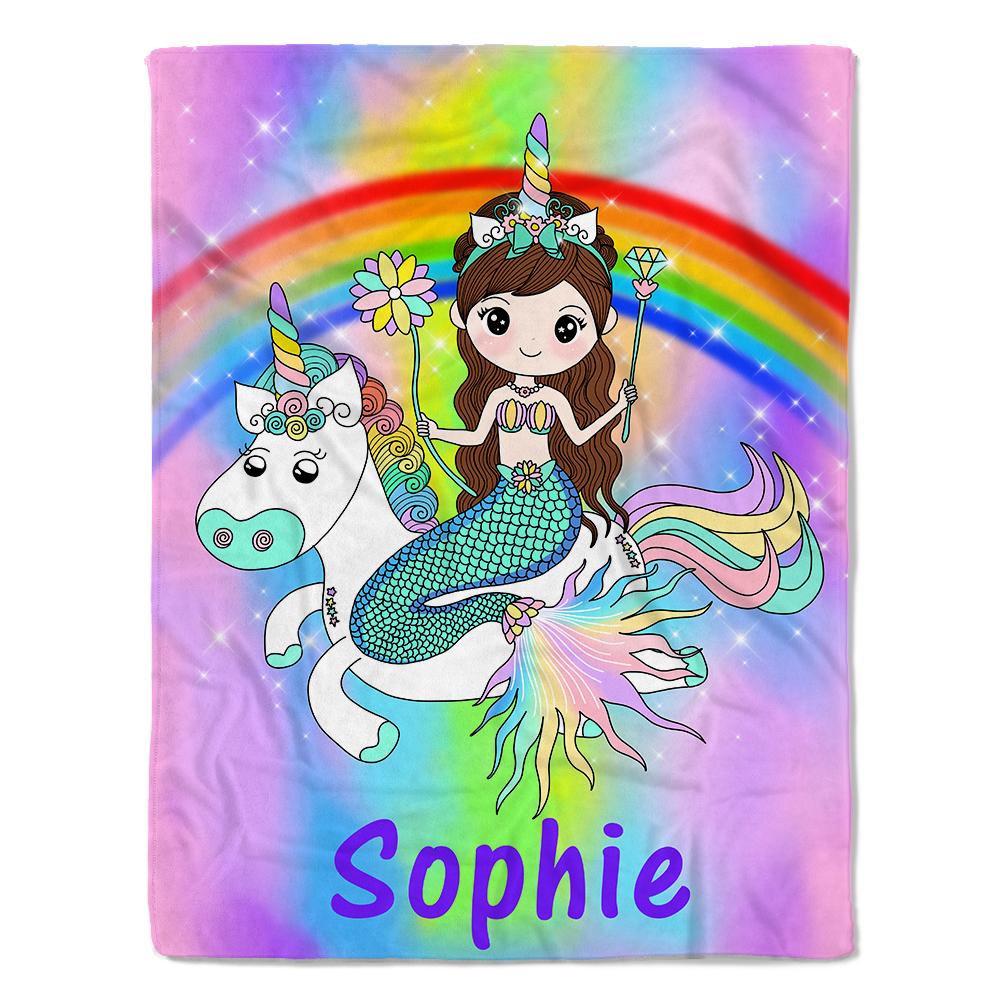 Custom Mermaid & Rainbow Unicorn Cozy Plush Fleece Blanket