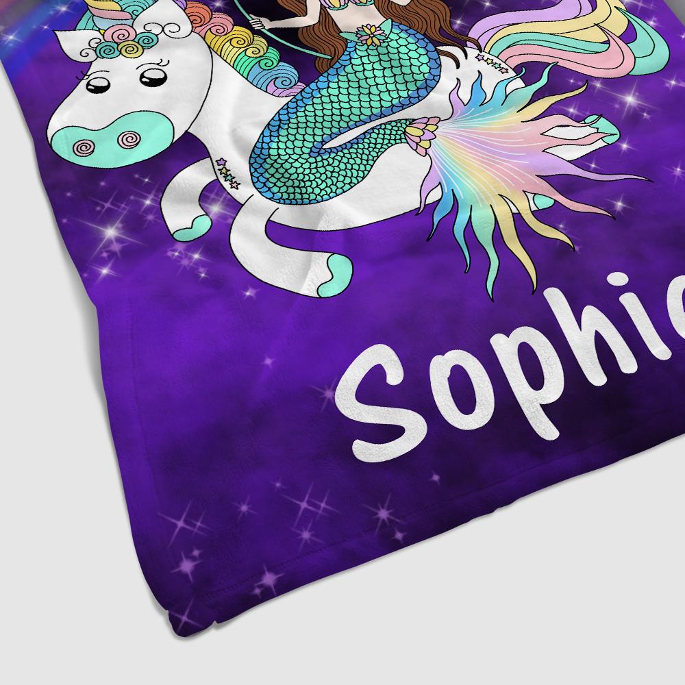 Custom Mermaid & Rainbow Unicorn Cozy Plush Fleece Blanket Purple
