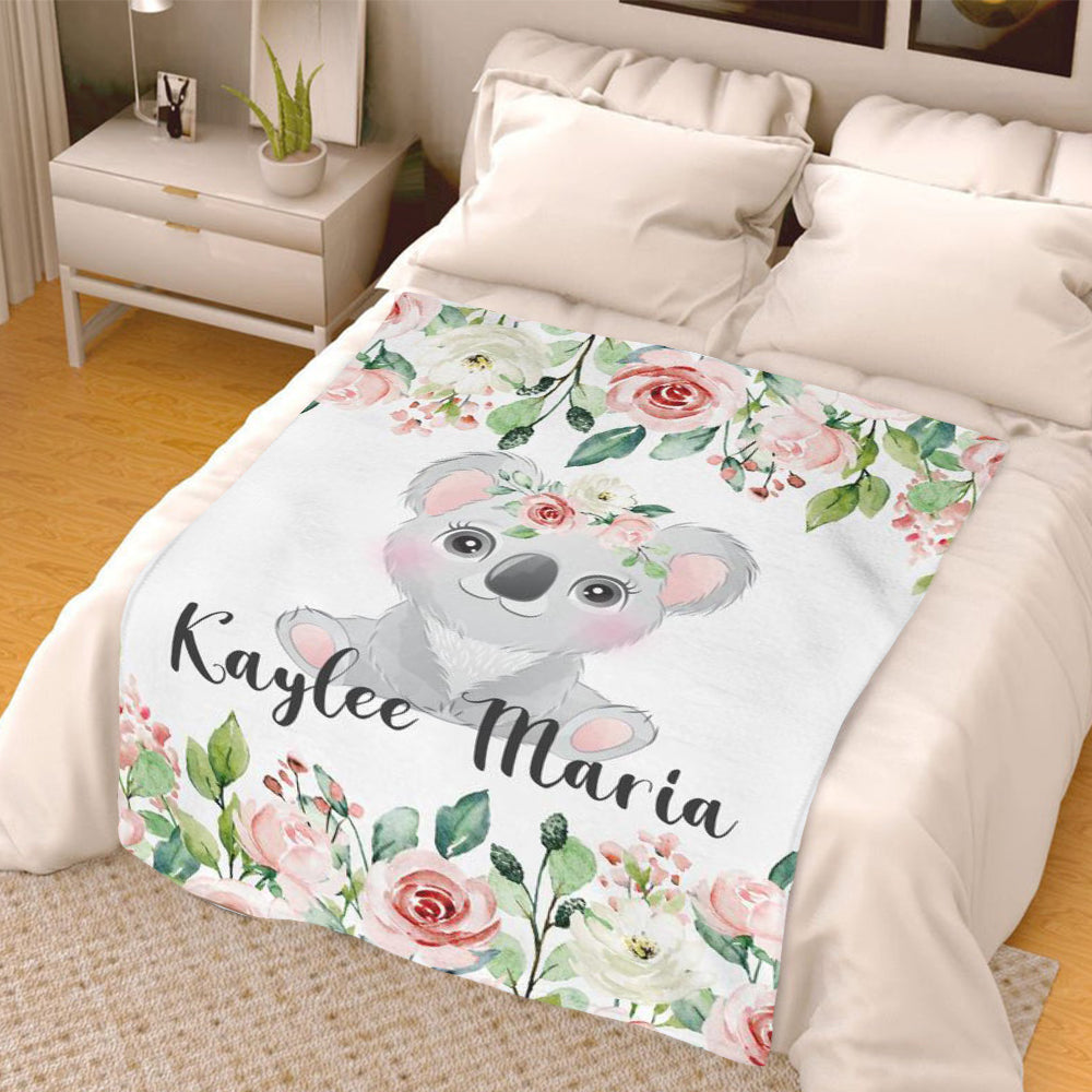 Personalized Baby Girl Name Blanket, Custom Koala Baby Name Blanket, Floral Baby Name Blanket, Baby Shower Gift, Animals Nursery。