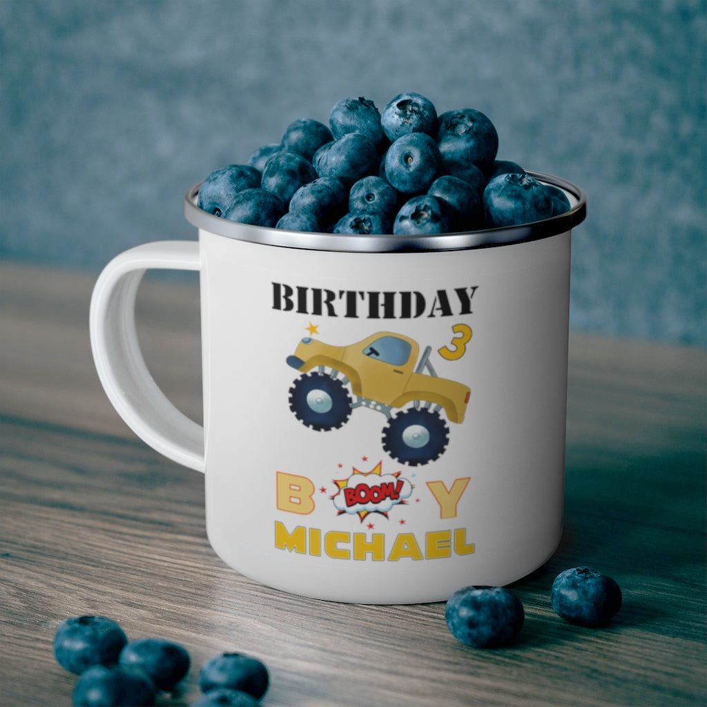 Custom Name Monster Truck Children's Birthday Enamel Campfire Mug V