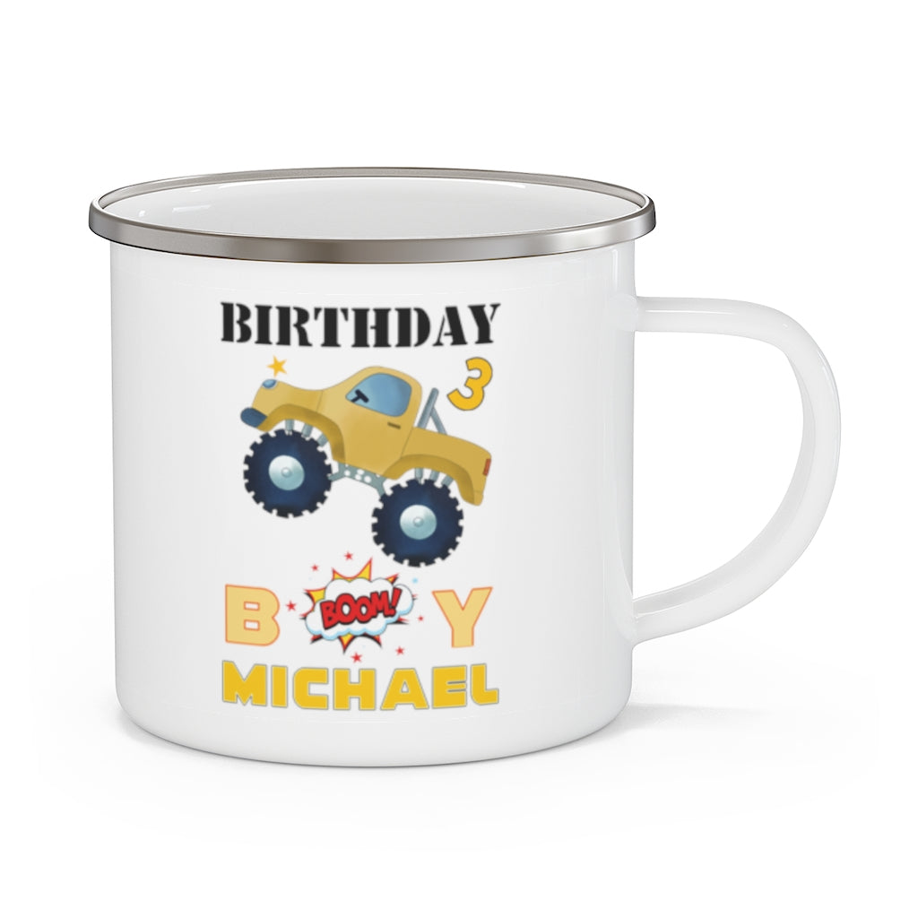 Custom Name Monster Truck Children's Birthday Enamel Campfire Mug V