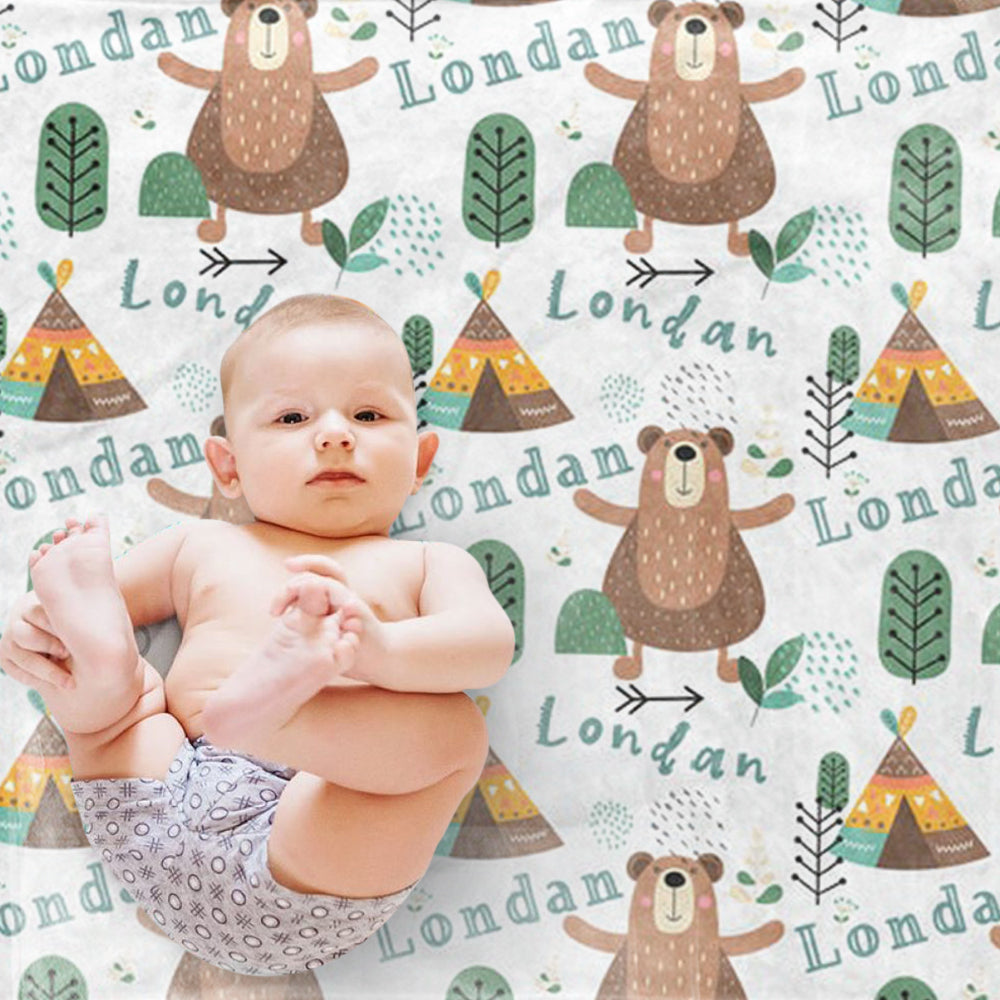Custom Name Bear  Baby Boy Blanket