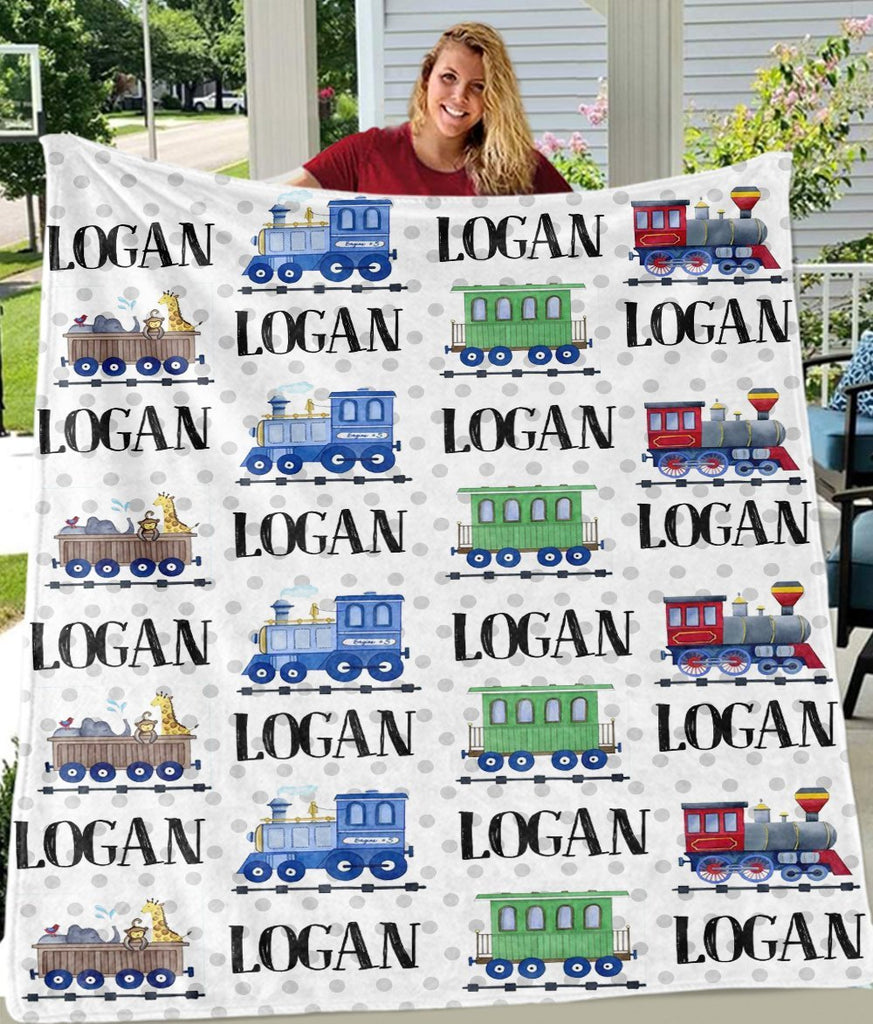 Personalized Name Train Cozy Plush Fleece Blankets