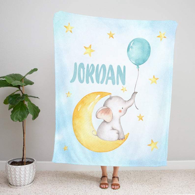 Personalized Name Fleece Blanket - Elephant09 Blue